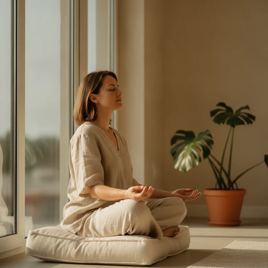 Mujer meditando junto a una ventana con luz natural cálida